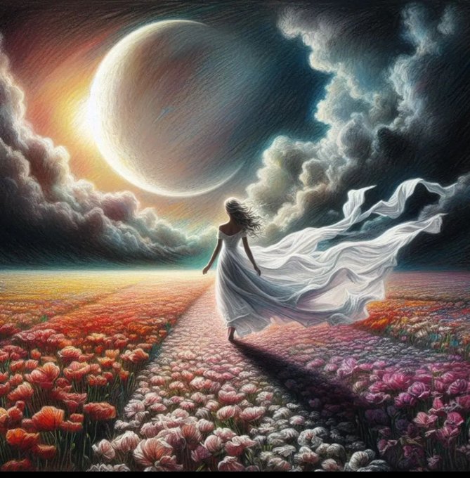 The image features a woman walking through a field of flowers, with a large moon visible in the background. The sky above them has clouds, adding depth to the scene. The painting seems to be a digital art piece or illustration that captures the essence of a serene and peaceful atmosphere.