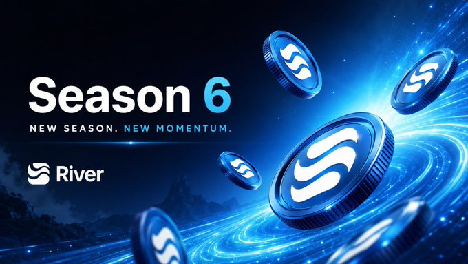 A promotional graphic for 'River' cryptocurrency announcing 'Season 6' with the tagline 'NEW SEASON. NEW MOMENTUM.' against a blue cosmic background with floating tokens.
