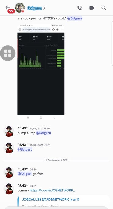 A mobile screenshot of a Telegram chat with 'Solguru' shows a message asking 'are you open for NTROPY collab?' along with a dashboard screenshot and a 'JOGCALLSS' tweet about a 'Community of Crypto Experts'.