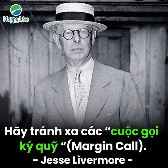 A black-and-white portrait of trader Jesse Livermore wearing a straw boater hat and round glasses, with a Vietnamese quote attributed to him advising to stay away from 'Margin Calls'.