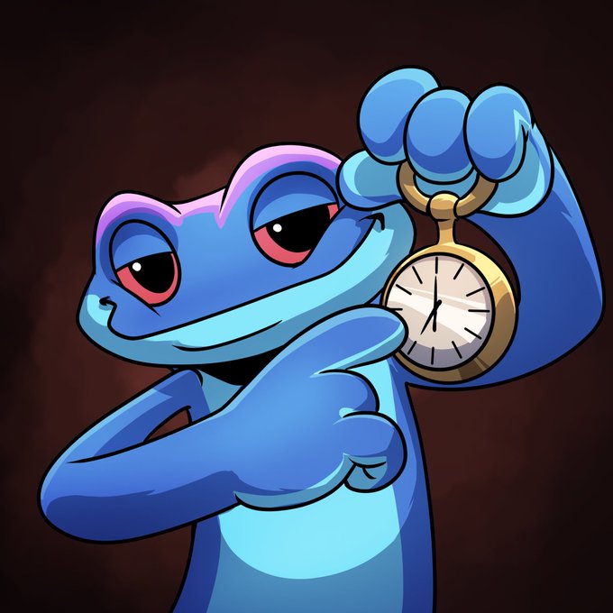 Cartoon illustration of a blue frog character holding a golden pocket watch against a dark background.