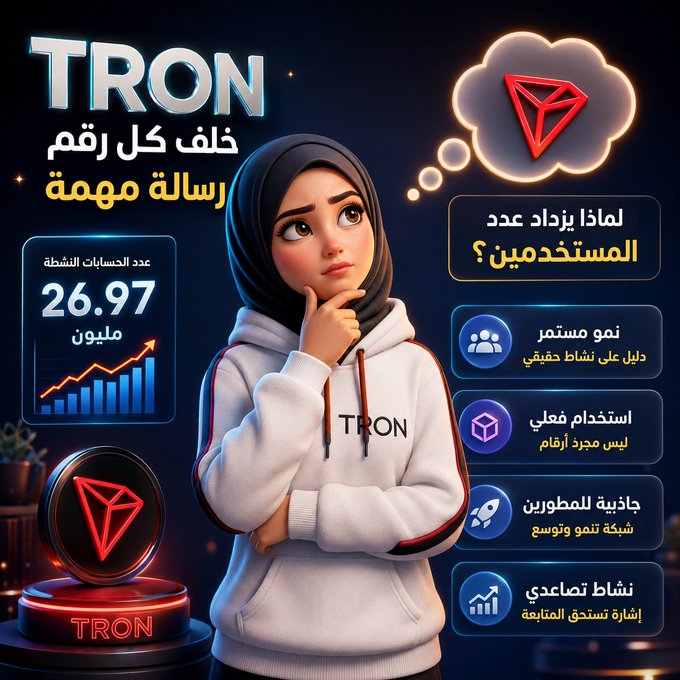 The TRON network has reached 26.97 million active accounts, displaying a message that "behind every number there is an important message." The image highlights key reasons for this growth, including consistent user growth and developer attraction.