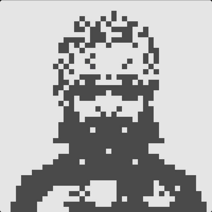 A low-resolution, 8-bit style pixel art portrait of a man wearing a beanie and a collared shirt, rendered in dark gray on a white background.