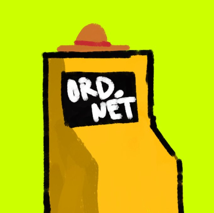 A cartoon-style illustration features a yellow humanoid figure wearing an orange cowboy hat with a red band, set against a bright lime green background. The figure's head displays a black screen with the handwritten text "ORD.NET," visually tying to the post's theme of real-world asset tokenization, as the character appears to be "printing" or processing orders like the $PRINTER mechanism described.
