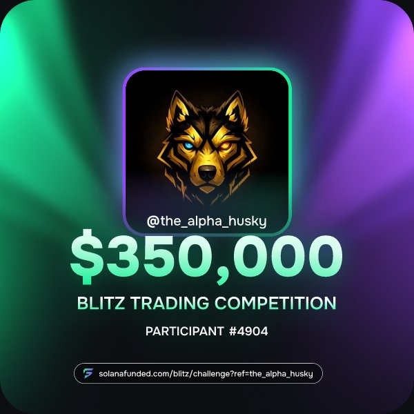 The image features an advertisement for a trading competition called "Alpha Husky" with a logo of a wolf's head, which is the main focus of the image. The text below the image reads "The Alpha Husky #350,000 Blitz Trading Competition Participant #3904". This post seems to be promoting a trading challenge or competition where participants can win $350,000 by participating in it.