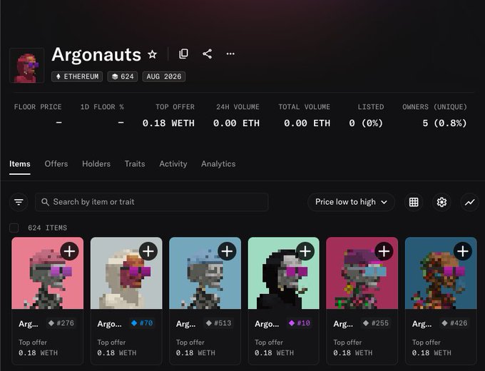 The image shows the Argonauts NFT collection page on Ethereum, displaying 624 items with a top offer of 0.18 WETH, 5 unique owners (0.8%), and 0% listed—supporting the post's commentary about closely monitoring lphaCentauriKid's Argonauts mint as a potential opportunity given the artist's notable track record with high-value sales.