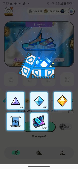 A mobile game screen showing a "Walker" character at level 30, with loot rewards displayed below including x6 purple gems, x2 blue gems, x79 cards, and a scroll.