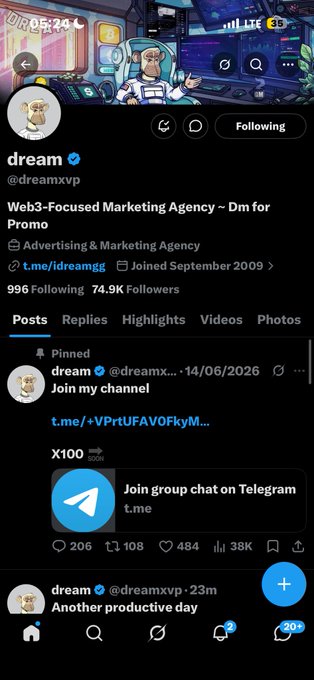 X/Twitter profile page for 'dream' (@dreamxvp), a Web3-focused marketing agency, displaying a pinned Telegram channel join link with 206 replies and 38K views.
