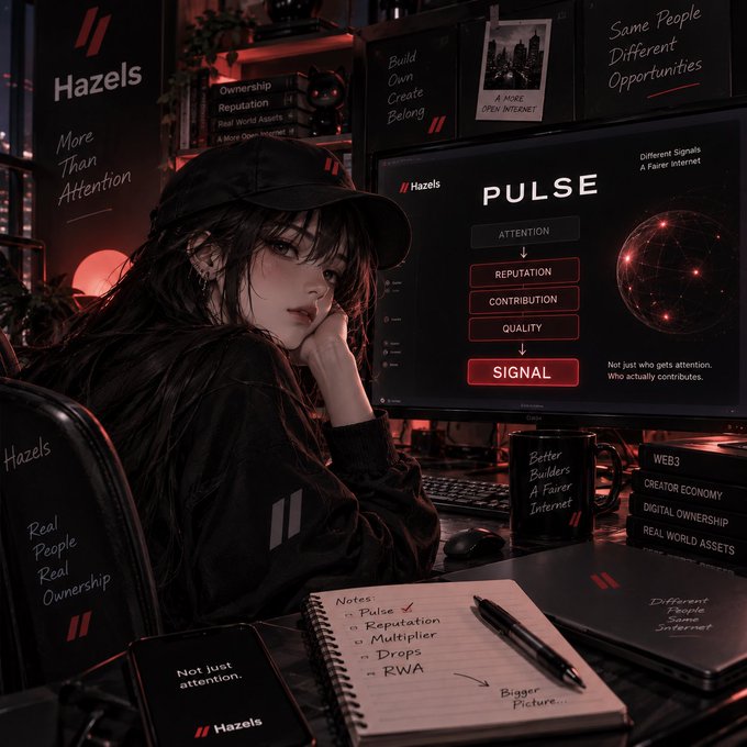 A stylized illustration of a young woman wearing a black cap sitting at a desk with monitors displaying the "Hazels" brand and "PULSE" flowchart, alongside handwritten notes reading "Better Builders A Fairer Internet" and "Not just who gets attention, who actually contributes."