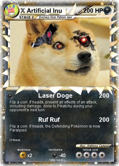 A parody Pokemon card featuring a Shiba Inu dog with a mechanical laser eye, named 'Artificial Inu' at Stage 2, with attacks 'Laser Doge' and 'Ruf Ruf'.