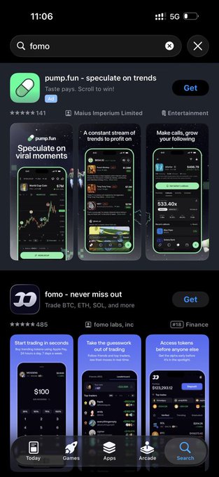 A screenshot of an iPhone App Store search results page showing apps 'pump.fun - speculate on trends' and 'fomo - never miss out' displayed on the screen.