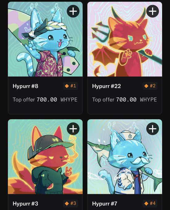 Four Hypurr collectible NFT cards (Hypurr #8, #22, #3, and #7) are displayed with top offers of 700.00 WHYYPE each, showcasing the airdropped Hypurr NFTs that Hyperliquid distributed to wallets 360 days ago.