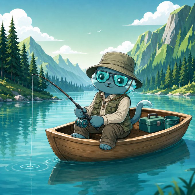 An illustrated cartoon of a blue cat wearing a bucket hat, sunglasses, and fishing vest, holding a fishing rod while sitting in a wooden boat on a mountain lake.