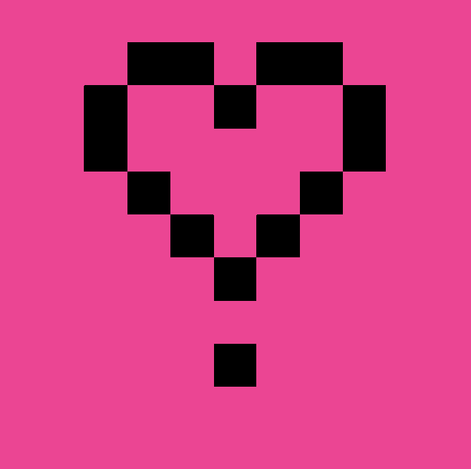 A pixelated black heart with a single black square below it, set against a bright pink background, appears to be the "artwork game" mentioned in the post, celebrating Ethereum's birthday with "#54".