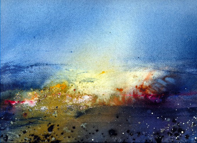 An abstract watercolor painting featuring a blend of deep blues in the upper sky and vibrant splashes of yellow, red, and purple pigments near the bottom, with paint splatters scattered across the foreground.