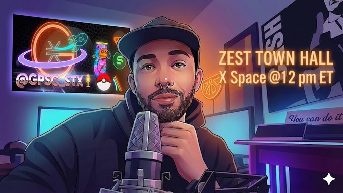 The image features a cartoon man wearing a black hat, sitting inside a room with a microphone. The man appears to be thinking or pondering something while holding the microphone. In front of him, there are two TVs displaying information about Bitcoin trading platforms such as Binance, Bitget, and Staking Dao. Additionally, there is text that reads "Zest Town Hall" and "X Space @ 12 pm ET", suggesting a connection to the Zest Protocol Binance, Bitget, and Bybit futures listings for Bitcoin. The image also includes a logo for StSTX/STX and Stacking Dao, indicating that these platforms are being discussed in relation to Bitcoin trading.