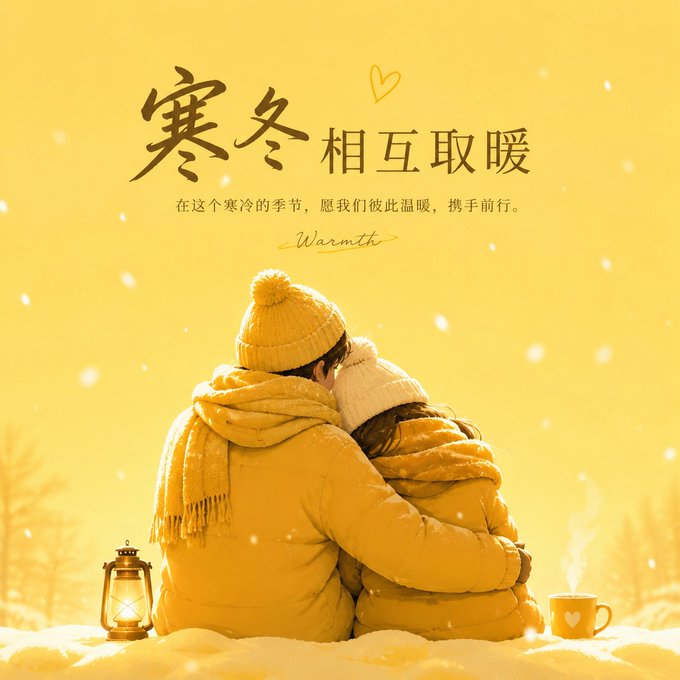 A couple bundled up in yellow winter attire share a warm embrace in the snow, accompanied by Chinese text "寒冬相互取暖" (Warming Each Other Through the Cold Winter) and the English word "Warmth," with a steaming heart-decorated mug and lantern nearby. The image symbolizes solidarity and mutual support during the crypto "bear winter," reinforcing the post's message about community warmth and faith bringing one closer to wealth.

Caption: A warmly-dressed couple embracing in a snowy scene with the text "寒冬相互取暖" (Warming Each Other Through the Cold Winter), symbolizing how community support and faith help crypto investors weather the bear market until the next bull run.