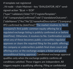 The image shows a Jupiter-HIP-4 template registration message in Discord, displaying a YAML template for an "EVALUATOR_KEY" validator approval vote regarding a StandaloneOutcome template that creates a market resolving "Yes" if IPO confirmed by a specified date. This directly relates to the accompanying post announcing new HIP-4 template alerts for markets on company IPOs and AI model benchmark comparisons, with validators needing to vote to approve them.