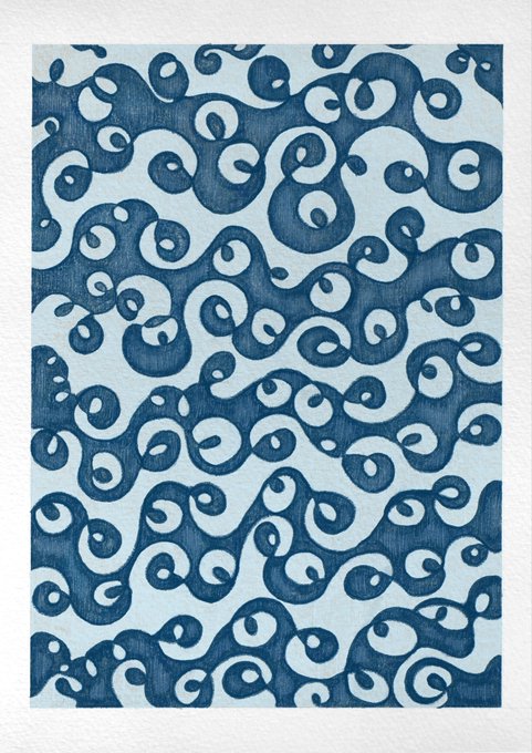 An abstract pattern of swirling blue wave-like shapes on a light blue background.