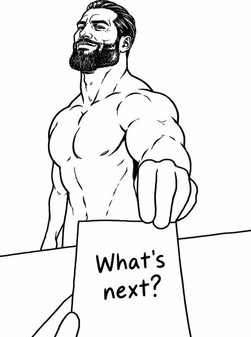 A black and white line drawing of a muscular, bearded man reaching forward while holding a sign that reads 'What's next?'