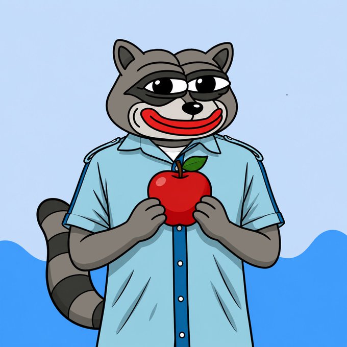 A cartoon raccoon character with a wide red smile, wearing a light blue button-up shirt, holds a red apple against a blue sky background.