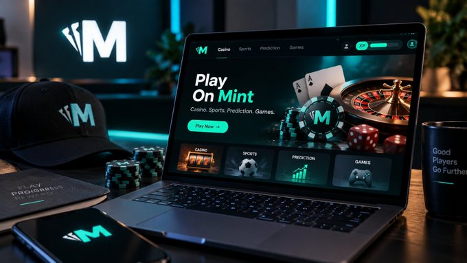 A laptop displays the Mint betting platform homepage with "Play On Mint" and sections for Casino, Sports, Prediction, and Games, surrounded by a branded cap, chips, cards, and a roulette wheel.