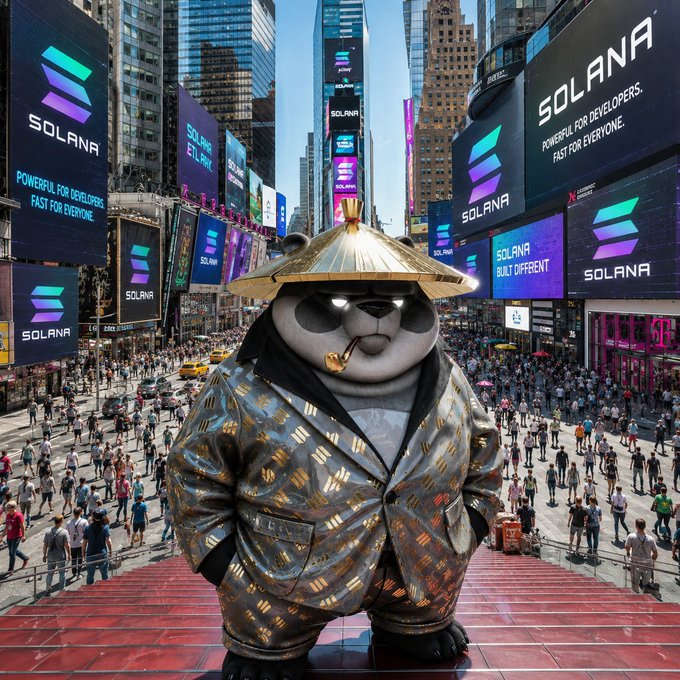 A panda mascot wearing a straw hat and smoking a pipe stands prominently in Times Square, surrounded by numerous billboards displaying the "SOLANA" logo and taglines like "POWERFUL FOR DEVELOPERS, FAST FOR EVERYONE" and "SOLANA BUILT DIFFERENT." The image's message of taking charge of your own path and staying focused on building a meaningful life pairs with the confident, central stance of the panda amid a bustling crypto-driven environment, reinforcing the post's theme of being the main character in your own story.