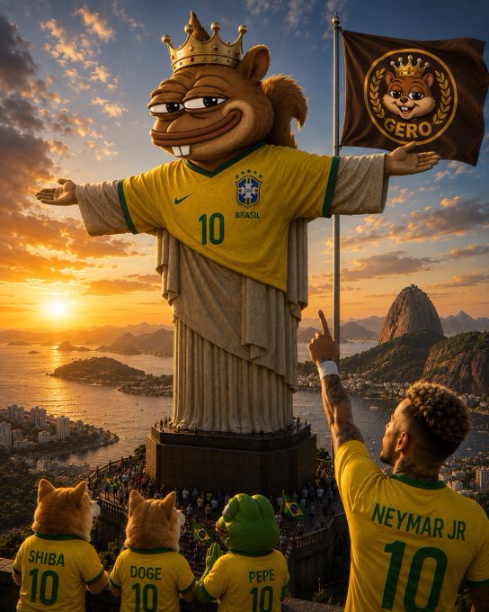 An AI-generated artwork depicting a Christ the Redeemer-like statue wearing a Brazil #10 jersey and crown, holding a GERO flag, with Neymar Jr and characters labeled Shiba, Doge, and Pepe below, set against Rio de Janeiro's skyline.