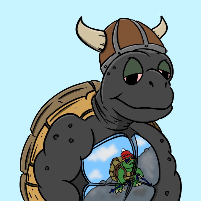 An illustration of a large grey turtle wearing a brown Viking helmet with horns, shown from behind with a view of a mountainous landscape and a smaller turtle climber with a red beanie seen through a window-like opening on its back.