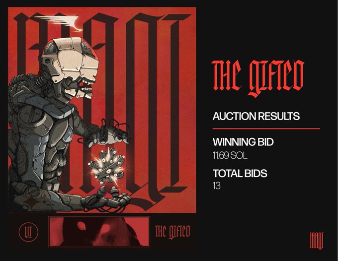 An auction results graphic for 'THE GIFTED' showing a winning bid of 11.69 SOL and 13 total bids, featuring an illustration of a skeletal robotic figure holding a gift.