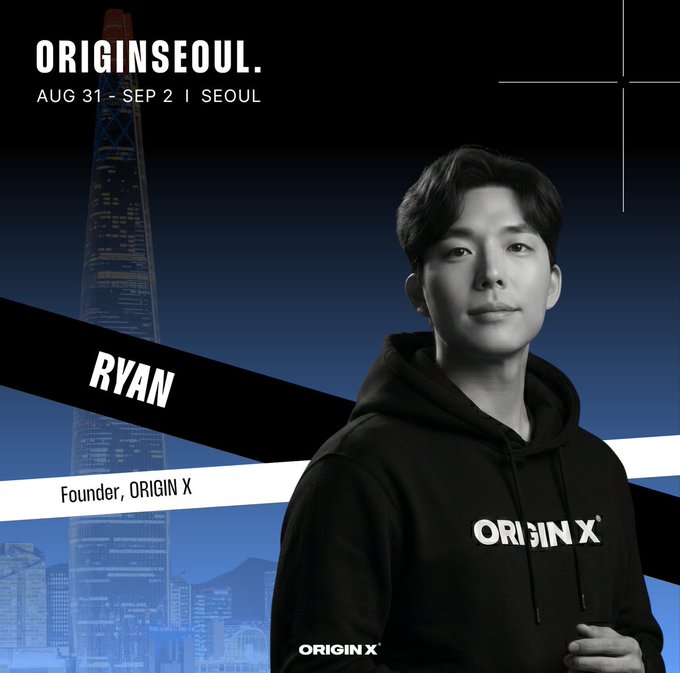 Promotional graphic for ORIGINSEOUL (Aug 31-Sep 2 in Seoul) featuring Ryan, Founder of ORIGIN X, shown in a black ORIGIN X hoodie against a blue-toned Seoul skyline.