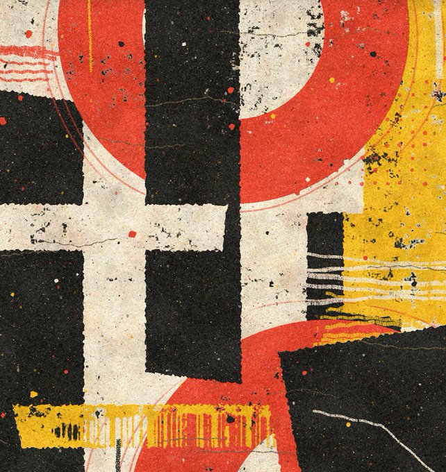 An abstract mixed-media artwork featuring textured paper collages in black, white, red, and yellow, with paint splatters and geometric shapes including a large circle.