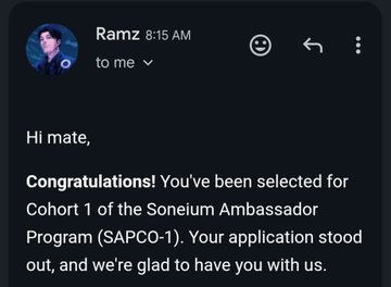 An email screenshot from Ramz congratulating the recipient on being selected for Cohort 1 of the Soneium Ambassador Program (SAPCO-1).