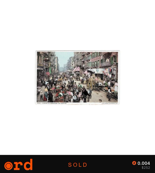 A vintage printed postcard depicting a crowded historical New York City street scene (Mulberry Street) with people, horse-drawn wagons, and American flags, marked 'SOLD' with an Ordinals marketplace watermark at the bottom.