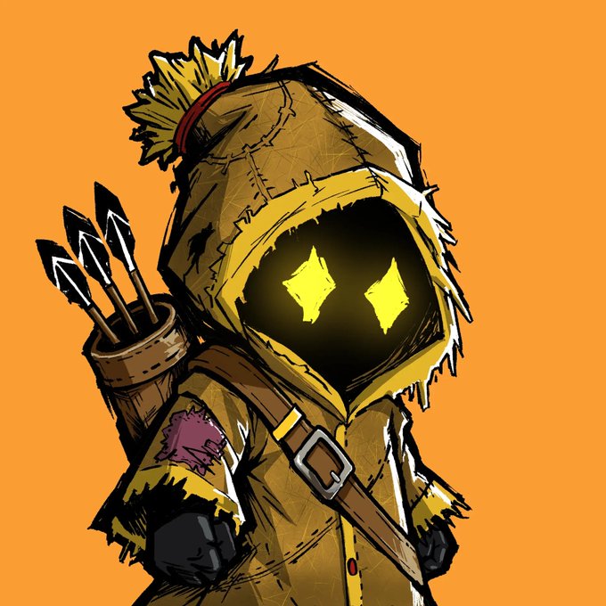 A stylized illustration of a hooded figure with glowing yellow diamond eyes, wearing a tattered yellow coat with arrows in a quiver, set against an orange background.