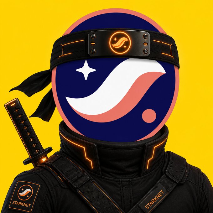 The image features a person wearing a black outfit, including a helmet with a sword attached to it. They are also wearing a bandana that has the word "Starknet" written on it. The background of the image is yellow, which contrasts with the black attire and adds visual interest to the scene. The post reads: "Starknet shinobi mode". This suggests that the person in the image might be participating in an activity or event related to the Starknet brand or a similar theme.

The combination of the black outfit, sword, bandana, and yellow background creates a visually striking scene that captures attention. The inclusion of the word "Starknet" on the bandana further emphasizes the connection between the person's attire and the Starknet brand. Overall, this image effectively communicates the theme of the post while also showcasing the individual's unique style and interests.