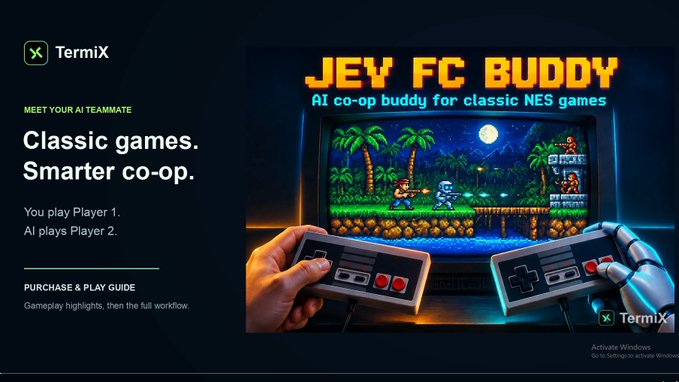 Promotional graphic for TermiX's 'JEY FC BUDDY,' an AI co-op buddy for classic NES games, showing two NES controllers and a retro game scene with the tagline 'Classic games. Smarter co-op.'