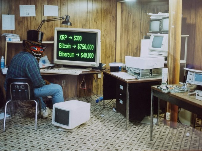 An AI-generated image shows a person in a top hat and mask sitting at a retro computer displaying "XRP → $300," "Bitcoin → $750,000," and "Ethereum → $40,000" in green text, with the context about four AI models predicting these long-term crypto price targets ahead of Trump's crypto summit.