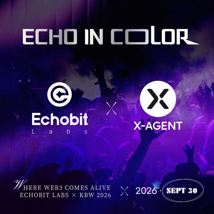 A promotional graphic for the "ECHO IN COLOR" event, featuring the Echobit Labs and X-Agent logos against a purple concert crowd backdrop, with text announcing "Where Web3 Comes Alive" on September 30, 2026, during Korea Blockchain Week. The design visually aligns with the post's message of merging AI and nightlife for a Web3 community gathering in Seoul.
