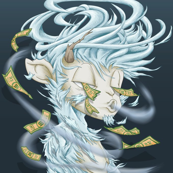 Anime-style illustration of a white-haired, dragon-like creature with horns and money bills floating around it against a dark background.
