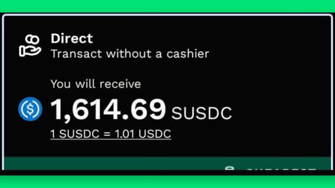 The image shows a crypto transaction confirmation screen for a "Direct" swap, indicating the user will receive 1,614.69 SUSDC (with 1 SUSDC = 1.01 USDC). This aligns with the post celebrating "4 figs up" payday earnings from web3 gigs involving Aether and Handshake.