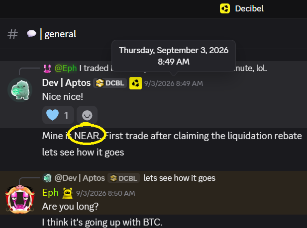 A screenshot of a Discord chat in the #general channel dated Thursday, September 3, 2026, where users discuss trading, with the ticker 'NEAR' circled in yellow and mentions of 'DCBL' and '@Eph' asking 'Are you willing to do it?'