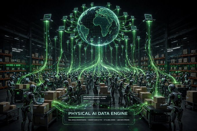 A futuristic digital artwork titled 'PHYSICAL AI DATA ENGINE' depicting humanoid robots in a warehouse connected by green holographic streams to a glowing globe hologram above them.