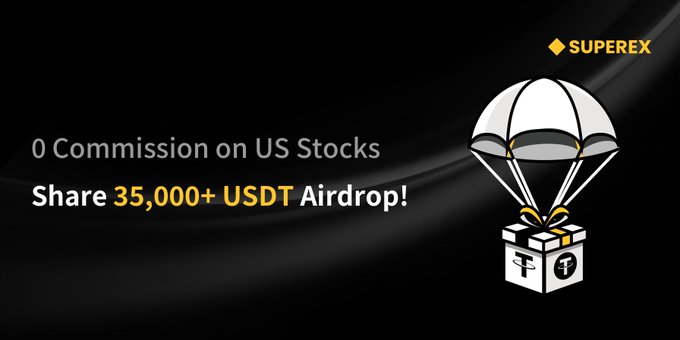A black promotional banner for SuperEx featuring a parachute delivering a gift box, advertising "0 Commission on US Stocks" and a chance to "Share 35,000+ USDT Airdrop!" The graphic reinforces the airdrop/rewards theme from the accompanying post about trading US stocks on SuperEx.