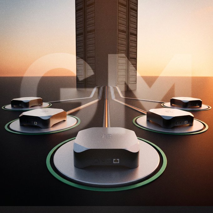 A surreal 3D render showing several small black networking devices connected by glowing orange lines to a large central server tower, set against a sunset horizon.