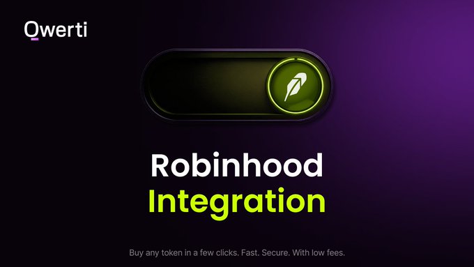 Qwerty promotional graphic announcing 'Robinhood Integration' with a green feather/leaf icon, described as a way to 'Buy any token in a few clicks. Fast. Secure. With low fees.'