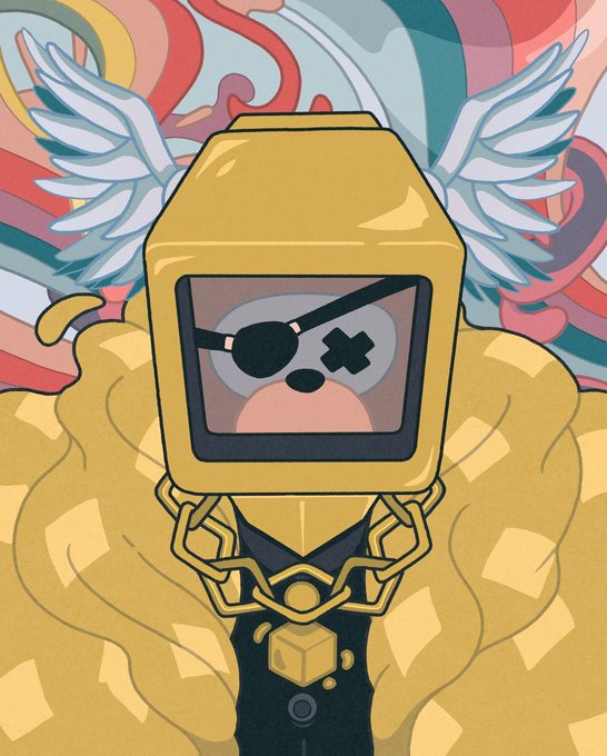 An illustration of a character with a yellow box-shaped head featuring a screen displaying a face with an eye patch and X for the other eye, surrounded by white wings and draped in golden chains against a swirling colorful background.