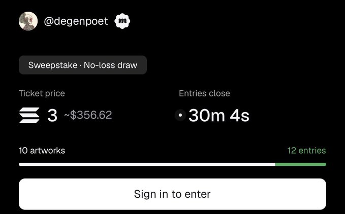 A dark-themed sweepstake interface for user '@degenpoet' shows a ticket price of 3 (~$356.62), entries closing in 30 minutes 4 seconds, with 12 entries for 10 artworks and a 'Sign in to enter' button.