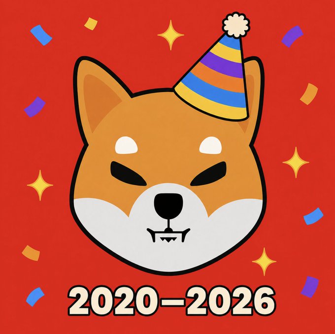 A cartoon Shiba Inu dog wearing a colorful striped party hat appears against a red background with confetti and stars, celebrating with the text "2020–2026" displayed at the bottom to commemorate Shiba Inu ($SHIB) coin's 6th anniversary.