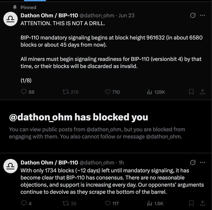 Two tweets from Dathon Ohm / BIP-110 @dathon_ohm announcing that BIP-110 mandatory signaling begins at block height 961632, with a message stating '@dathon_ohm has blocked you'.